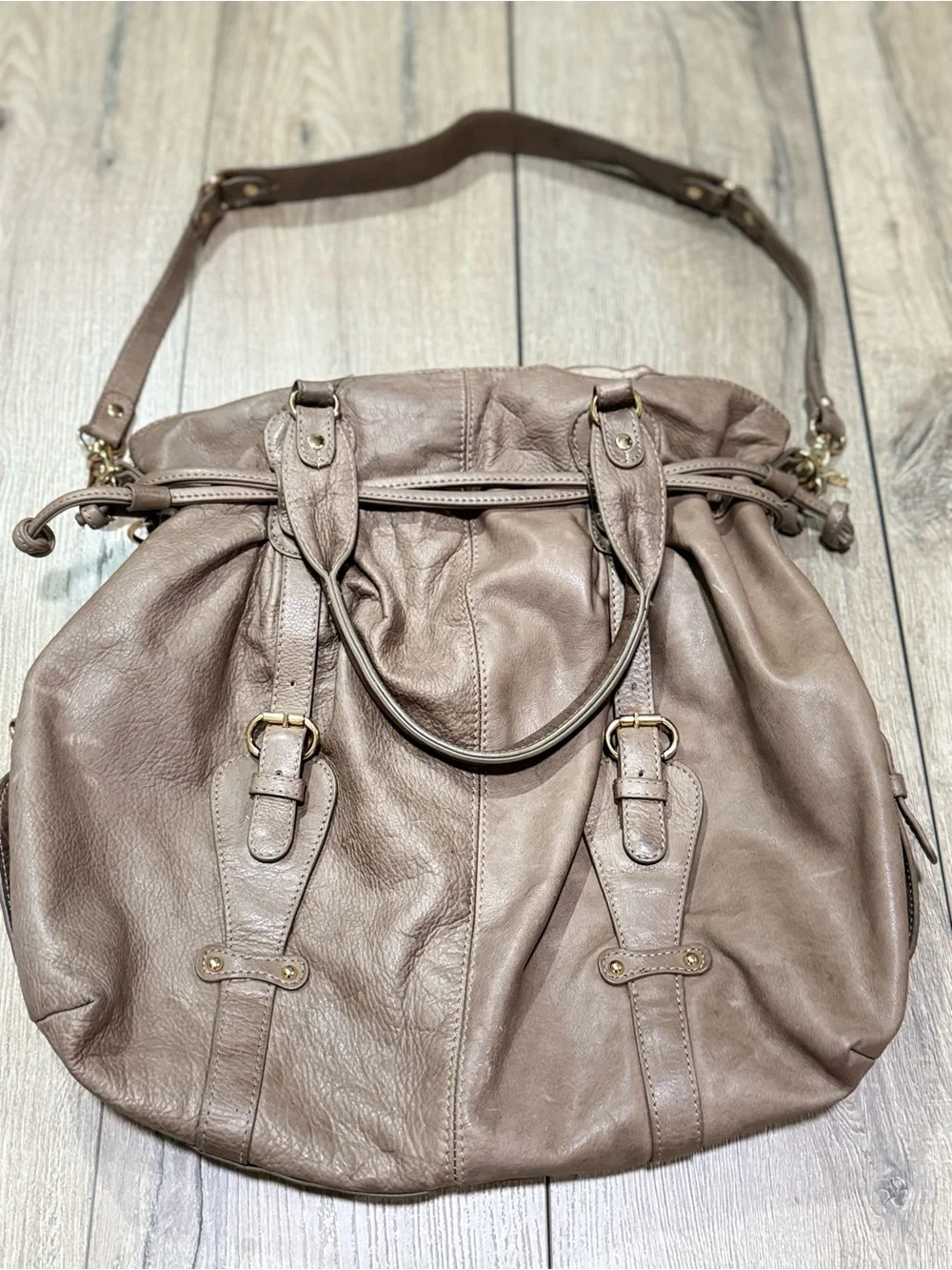 Sabina New York Taupe Leather Slouch Satchel Shoulder Bag Gold Hardware